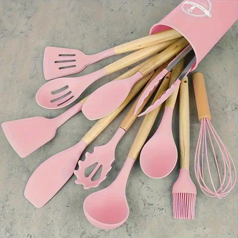 Kitchen Utensils Cookware Set, 12 Piece BPA Free Silicone with Wood Handle and Storage Container