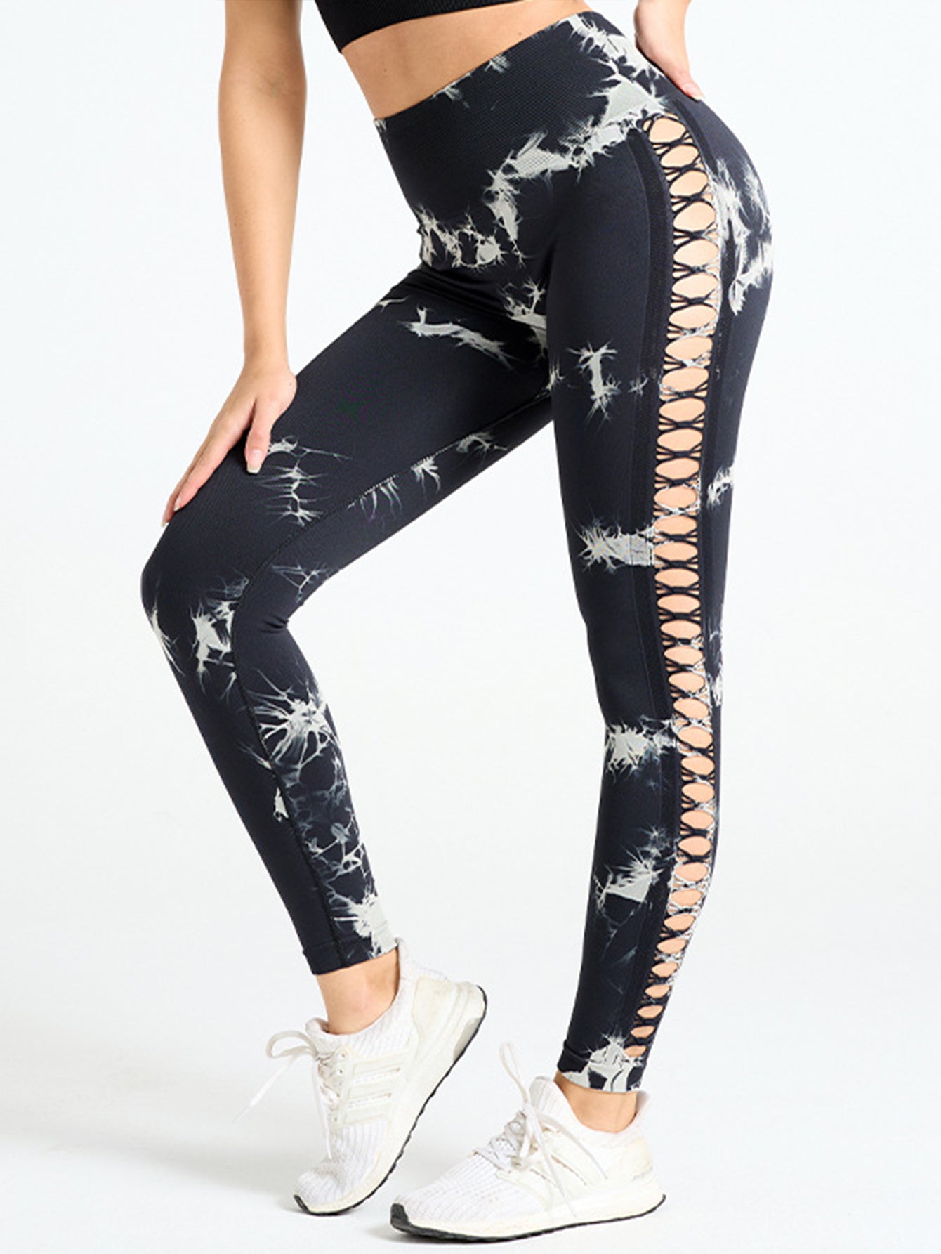 Cut Out Side Hollow Tie Dyed Yoga Pants, High Waist and Hip Lifting Fitness Pants with Side Hollow Seamless Sports Tights, Workout Gym Yoga Pants Scrunch Butt Lift Tights